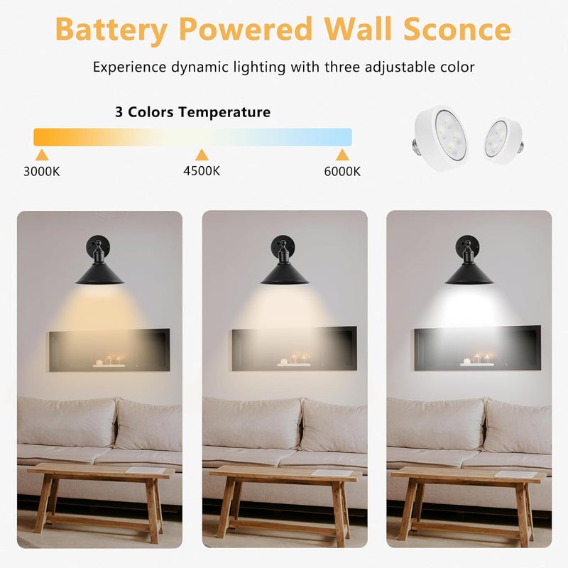 Franing Vintage Black Wireless Battery Operated Wall Sconces, Cordless LED Wall Lights Set of 2 with Remote Control, for Bedroom, Farmhouse, Gallery - Easy Setup, Adjustable Brightness, Long-Lasting Battery - Image 5